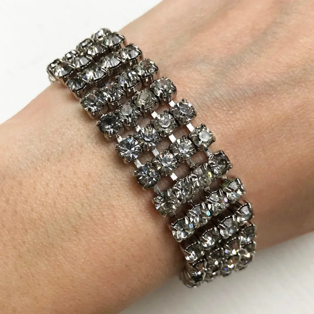 Wide rhinestone tennis bracelet, statement clear crystal bracelet 60s vintage